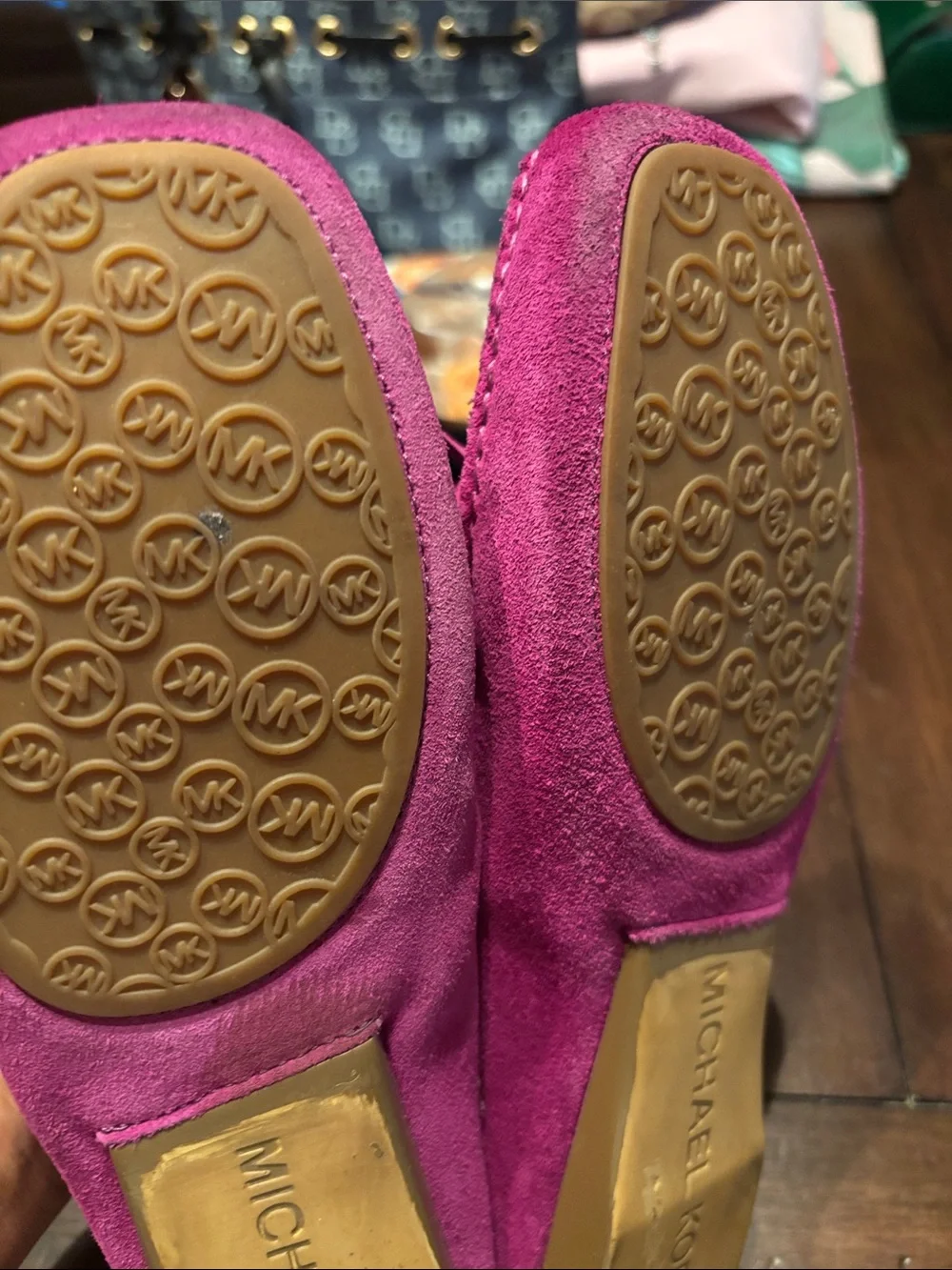 Michael Kors Suede Moccasin Loafers in Bright Fuchsia with Gold Accents